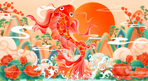 锦鲤跃出水面国潮插画