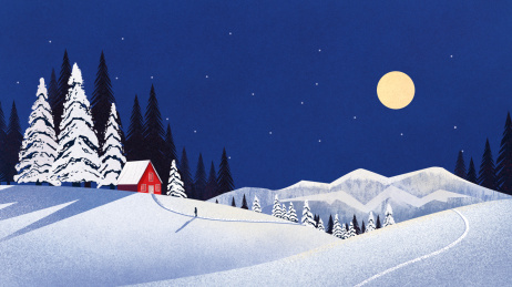 夜晚下的雪山树林小房子