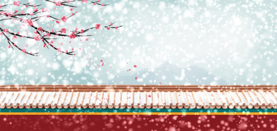 冬季大雪中唯美红墙梅花开落花古风水墨插画