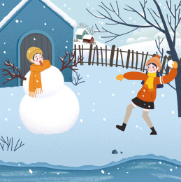 男孩女孩在雪地里快乐的打雪仗插画