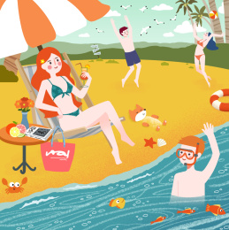 男孩女孩在沙滩快乐的享受假日插画