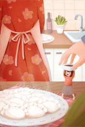 冬天节气冬至一家人吃饺子温馨插画海报