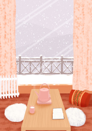 冬季室内烤火煮茶观雪景温暖插画