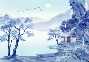 水墨山水画山中小屋