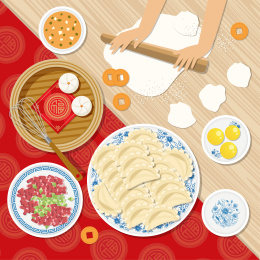 冬天包饺子擀面皮新年矢量插画