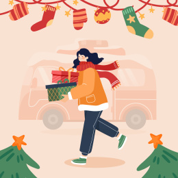圣诞节送礼物的女孩矢量插画