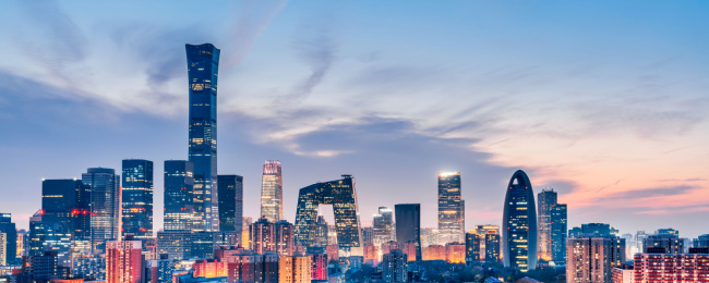 中国北京CBD建筑群高视角夜景