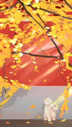 秋天银杏落叶红墙手绘插画