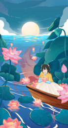 处暑夜晚荷花池坐在船上放花灯许愿女孩插画