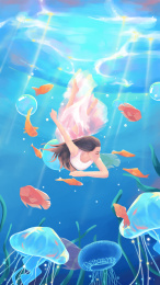 蓝色梦幻海底美人鱼游泳手绘插画