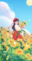 立秋花丛中拿着向日葵微笑女孩手绘插画