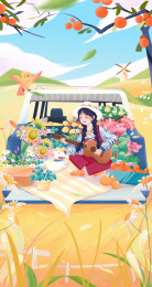 秋分节气少女坐在稻田花丛中弹吉他唱歌