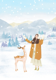 雪景中的女孩麋鹿