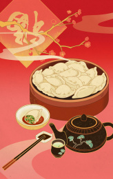 冬至春节饺子美食国风线性竖幅插画