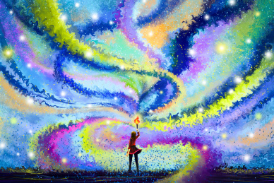 一位少女手举火把光芒照亮了天空