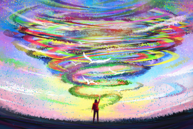 彩虹色的龙卷风和少女插图