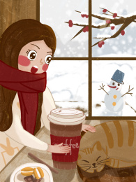 温暖冬日窗边喝咖啡可爱儿童插画
