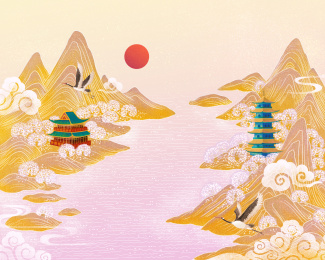 国风山水亭阁园林风景插画