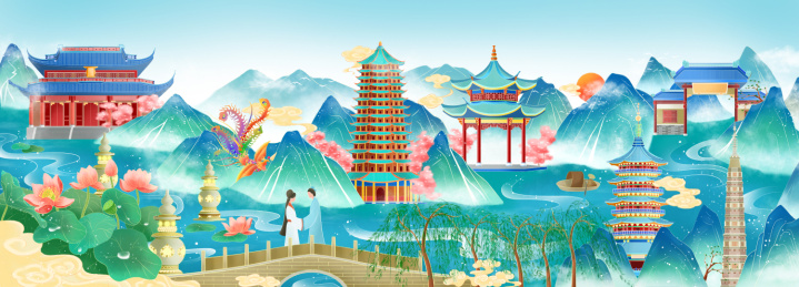 杭州城市建筑中国风插画