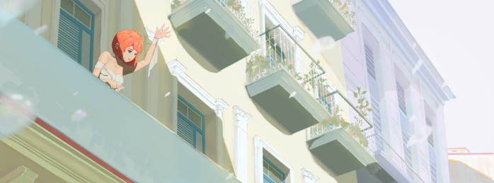 夏日阳台挥手少女