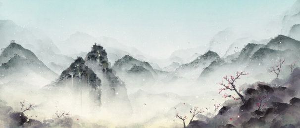 下雪的冬季中国风水墨山水画