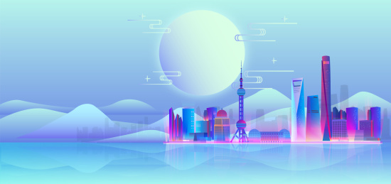 中秋节的上海城市天际线建筑群插画