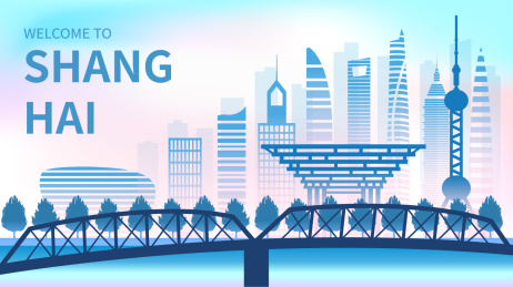 中国上海城市景观扁平矢量插画蓝色