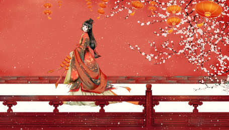 雪地里微笑的汉服少女古风插画