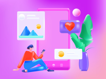 查看朋友圈互相沟通的男女互联网矢量3d插