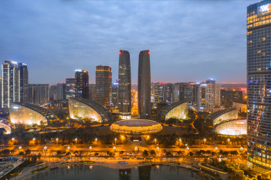 中国四川省成都市高新区交子公园金融城夜景航拍