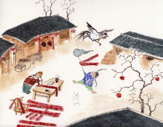 传统水墨人物年俗插画写春联