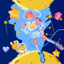 太空少女和狗狗玩耍
