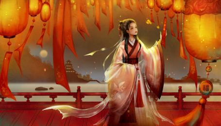 古风少女站在灯笼下元宵节插画