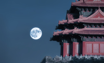 中国故宫角楼傍晚时满月