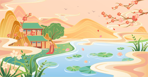 荷塘春色国潮风插画