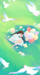 春天女孩躺在绿色柔软草坪上手绘插画