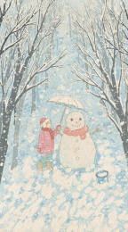 树林里堆雪人的小女孩