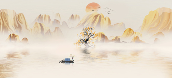 手绘新中式金山抽象山水风景画