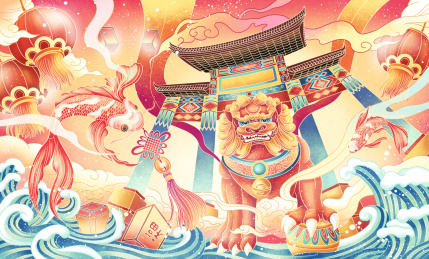 狮子锦鲤国风吉祥图