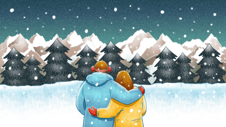 蓝色唯美卡通冬季情侣插画
