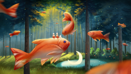 孩子坐在锦鲤背上在森林中飞行奇幻插画