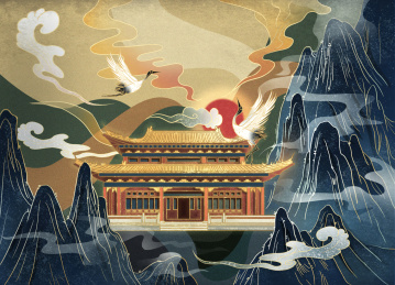 国风建筑仙鹤山川图