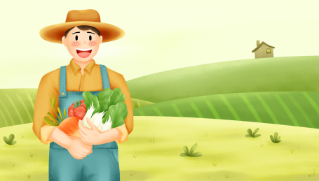 农民伯伯抱着蔬菜在田野上大笑插画