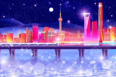 高铁列车行驶到了夜晚的上海站插画