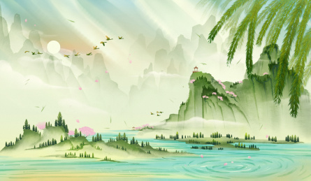 青山绿水春季山水画插画