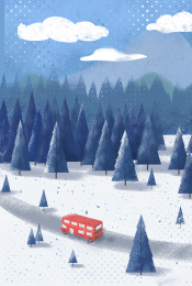 红车在雪路上行驶穿过森林