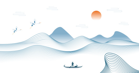 新中式国潮创意水墨线条山水矢量画蓝色