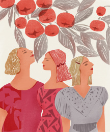 果树下三个女孩插画