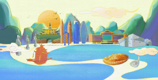 国风宁波甬城城市建筑横向插画黄色调