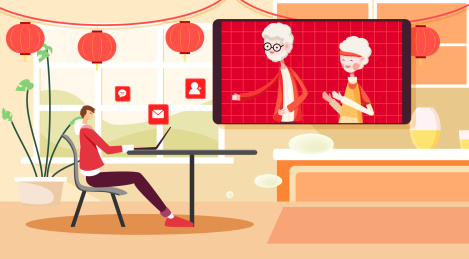 年轻人通过视频给家人拜年矢量插画